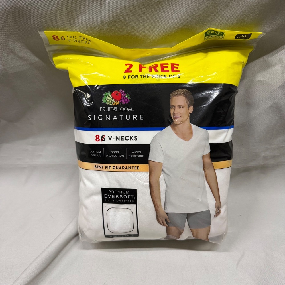 Fruit of the Loom Signature Mens White V-Neck T-Shirts 8 Pack Medium EverSoft
